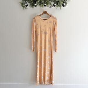 MEROKEETY apricot Velvet Burnout Midi Dress Bodycon Medium Wedding Guest TS